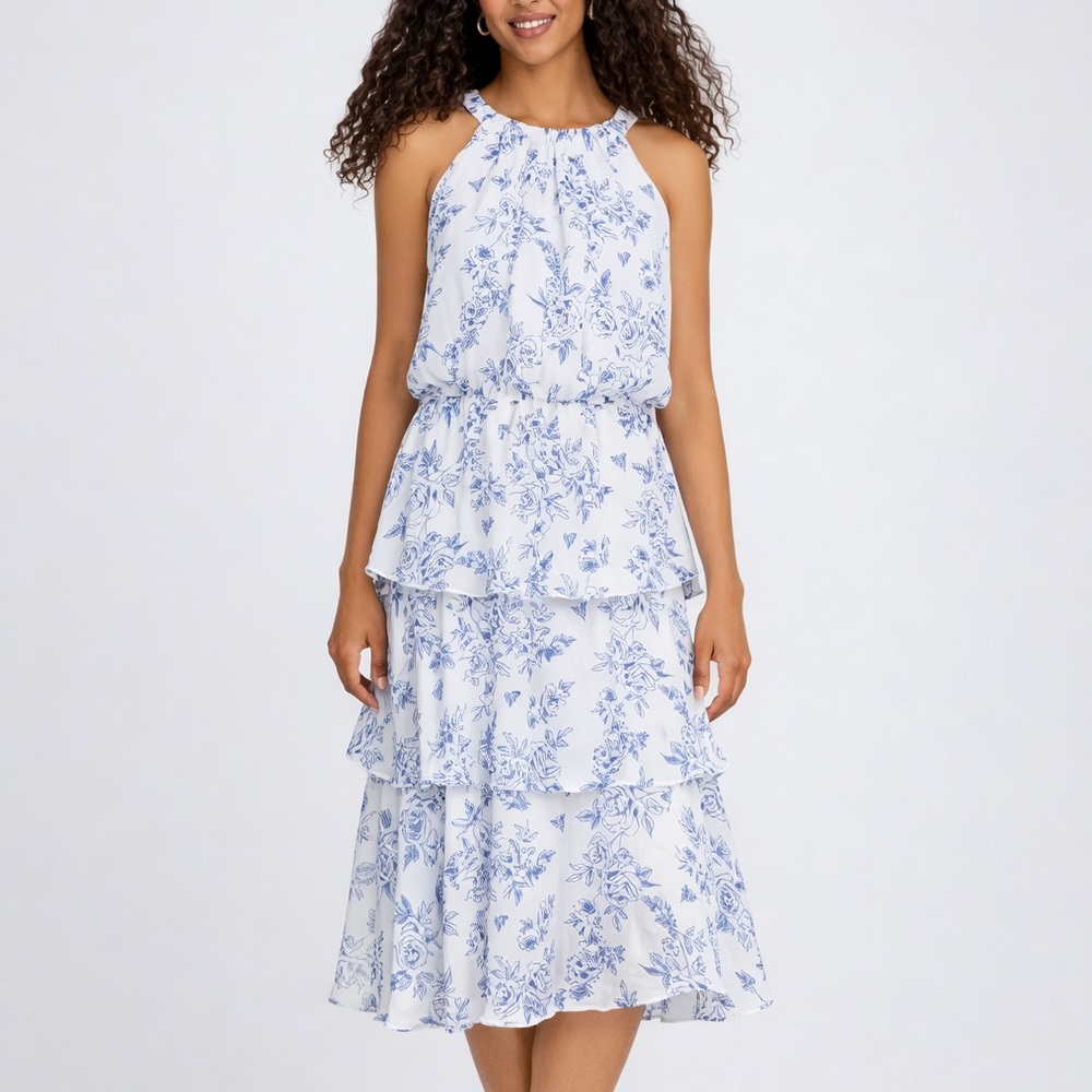 🆕✨Signature byRobbieBee Blue Floral Tiered Midi Dress Size 6 White Chinoiserie - Picture 1 of 15